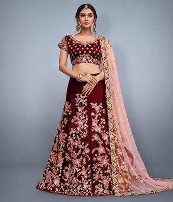 MAROON ZARI DORI & SEQUINS EMBROIDERED VELVET FESTIVE BRIDAL WEDDING & PARTY WEAR SEMI STITCHED LEHENGA CHOLI 1