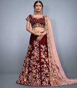 MAROON ZARI DORI & SEQUINS EMBROIDERED VELVET FESTIVE BRIDAL WEDDING & PARTY WEAR SEMI STITCHED LEHENGA CHOLI