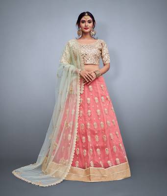 BEWITCHING PINK EMBROIDERED NET FESTIVE BRIDAL WEDDING & PARTY WEAR SEMI STITCHED LEHENGA CHOLI 1