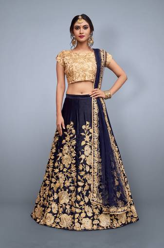 NAVY BLUE ZARI DORI & SEQUINS EMBROIDERED VELVET FESTIVE BRIDAL WEDDING & PARTY WEAR SEMI STITCHED LEHENGA CHOLI