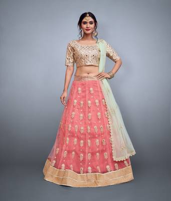 BEWITCHING PINK EMBROIDERED NET FESTIVE BRIDAL WEDDING & PARTY WEAR SEMI STITCHED LEHENGA CHOLI 3