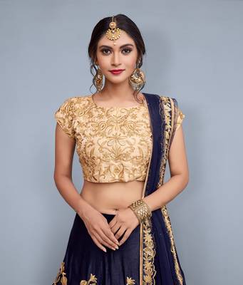 NAVY BLUE ZARI DORI & SEQUINS EMBROIDERED VELVET FESTIVE BRIDAL WEDDING & PARTY WEAR SEMI STITCHED LEHENGA CHOLI 3
