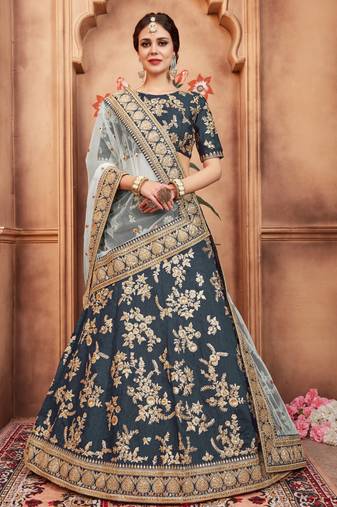 DARK GREY DORI & SEQUINS EMBROIDERED ART SILK  FESTIVE BRIDAL WEDDING & PARTY WEAR  SEMI STITCHED LEHENGA CHOLI