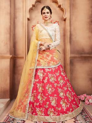 PINK THREAD, ZARI AND SEQUINS EMBROIDERED SILK FESTIVE BRIDAL WEDDING & PARTY WEAR SEMI STITCHED LEHENGA CHOLI 1