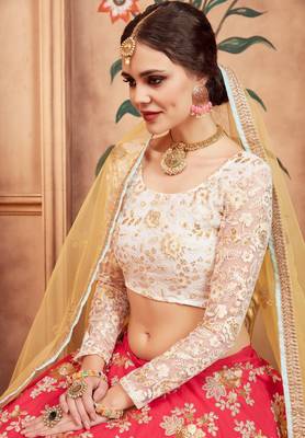 PINK THREAD, ZARI AND SEQUINS EMBROIDERED SILK FESTIVE BRIDAL WEDDING & PARTY WEAR SEMI STITCHED LEHENGA CHOLI 2