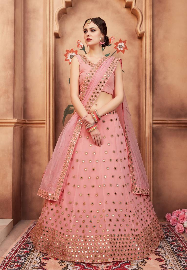 PEACH ZARI AND SEQUINS EMBROIDERED GEORGETTE FESTIVE BRIDAL WEDDING & PARTY WEAR SEMI STITCHED LEHENGA CHOLI