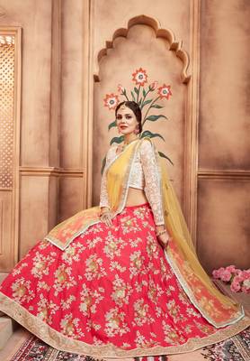 PINK THREAD, ZARI AND SEQUINS EMBROIDERED SILK FESTIVE BRIDAL WEDDING & PARTY WEAR SEMI STITCHED LEHENGA CHOLI 3