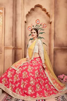 PINK THREAD, ZARI AND SEQUINS EMBROIDERED SILK FESTIVE BRIDAL WEDDING & PARTY WEAR SEMI STITCHED LEHENGA CHOLI