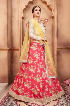 PINK THREAD, ZARI AND SEQUINS EMBROIDERED SILK FESTIVE BRIDAL WEDDING & PARTY WEAR SEMI STITCHED LEHENGA CHOLI