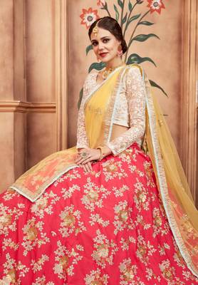 PINK THREAD, ZARI AND SEQUINS EMBROIDERED SILK FESTIVE BRIDAL WEDDING & PARTY WEAR SEMI STITCHED LEHENGA CHOLI 5