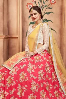 PINK THREAD, ZARI AND SEQUINS EMBROIDERED SILK FESTIVE BRIDAL WEDDING & PARTY WEAR SEMI STITCHED LEHENGA CHOLI