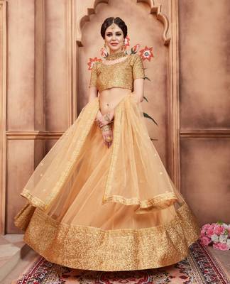 BEIGE DORI AND SEQUINS EMBROIDERED SEMI STITCHED NETFESTIVE BRIDAL WEDDING & PARTY WEAR  LEHENGA CHOLI 3