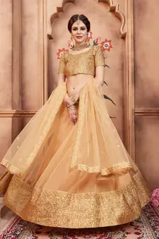 BEIGE DORI AND SEQUINS EMBROIDERED SEMI STITCHED NETFESTIVE BRIDAL WEDDING & PARTY WEAR  LEHENGA CHOLI