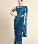 Navy blue embroidered net saree with blouse