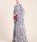 Grey embroidered net saree with blouse