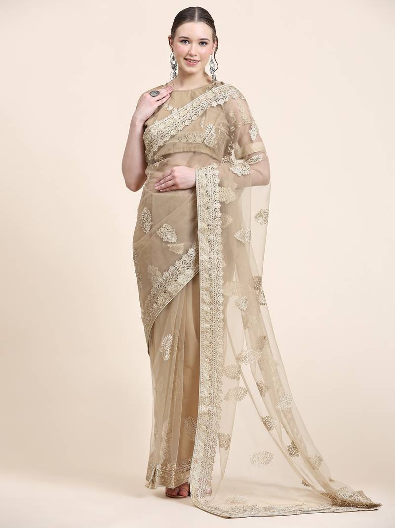 Beige embroidered net saree with blouse