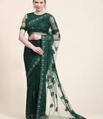 Dark green embroidered net saree with blouse