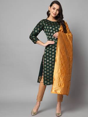 Dark-green jacquard cotton silk Kurta Pant With Dupatta 1