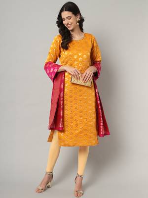 Mustard jacquard cotton silk Kurta Pant With Dupatta 1
