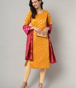 Mustard jacquard cotton silk Kurta Pant With Dupatta