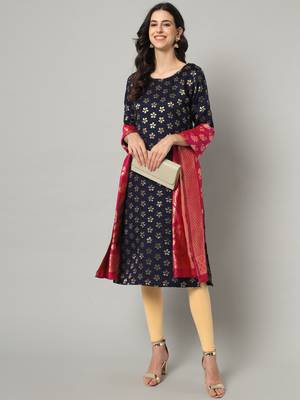 Navy-blue jacquard cotton silk Kurta Pant With Dupatta 1