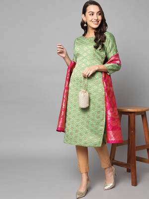 Light-green jacquard cotton silk Kurta Pant With Dupatta 1