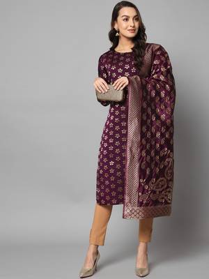 Purple jacquard cotton silk Kurta Pant With Dupatta 1