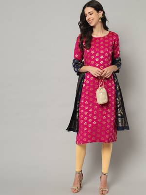 Rani-pink jacquard cotton silk Kurta Pant With Dupatta 1