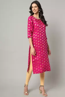 Rani-pink jacquard cotton silk Kurta Pant With Dupatta