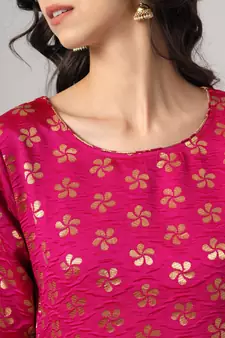 Rani-pink jacquard cotton silk Kurta Pant With Dupatta