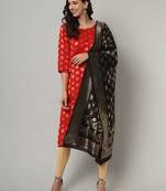 Red jacquard cotton silk Kurta Pant With Dupatta