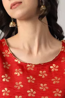 Red jacquard cotton silk Kurta Pant With Dupatta