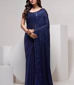 Navy Blue Embroidered Georgette Saree With Blouse
