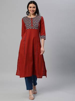 Maroon printed cotton cotton-kurtis 1