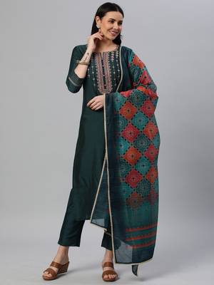 Blue embroidered art silk cotton-kurtis 1