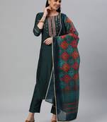 Blue embroidered art silk cotton-kurtis