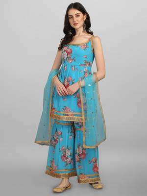 Aqua-blue digital print cotton silk Kurta Pant With Dupatta 1