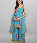 Aqua-blue digital print cotton silk Kurta Pant With Dupatta
