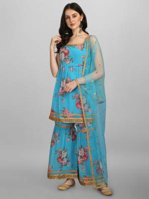 Aqua-blue digital print cotton silk Kurta Pant With Dupatta 2