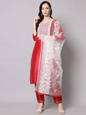 Red embroidered cotton silk Kurta Pant With Dupatta 1