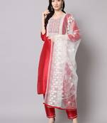 Red embroidered cotton silk Kurta Pant With Dupatta