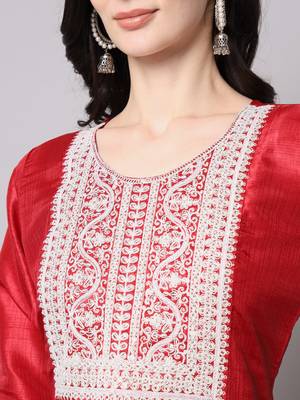 Red embroidered cotton silk Kurta Pant With Dupatta 2