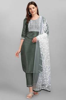 Light-jade embroidered cotton silk Kurta Pant With Dupatta