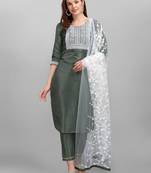 Light-jade embroidered cotton silk Kurta Pant With Dupatta