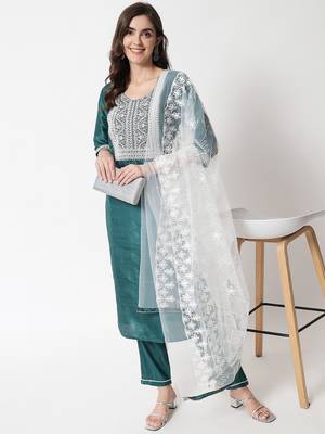 Sea-green embroidered cotton silk Kurta Pant With Dupatta 1