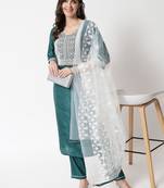 Sea-green embroidered cotton silk Kurta Pant With Dupatta