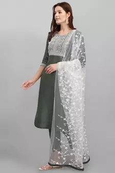 Light-jade embroidered cotton silk Kurta Pant With Dupatta