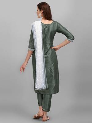 Light-jade embroidered cotton silk Kurta Pant With Dupatta 3