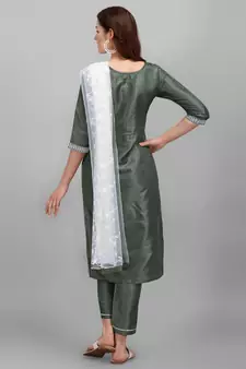Light-jade embroidered cotton silk Kurta Pant With Dupatta