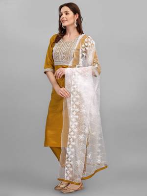 Mustard embroidered cotton silk Kurta Pant With Dupatta 1